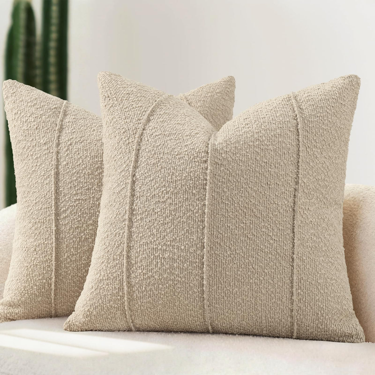 YCOLL Textured Boucle Throw Pillow Covers 20x20 Pack of 2 - Soft Neutral Striped Cushion Covers, Cozy Accent Decorative Pillow Covers for Couch, Sofa, Bed, Living Room (Ivory)