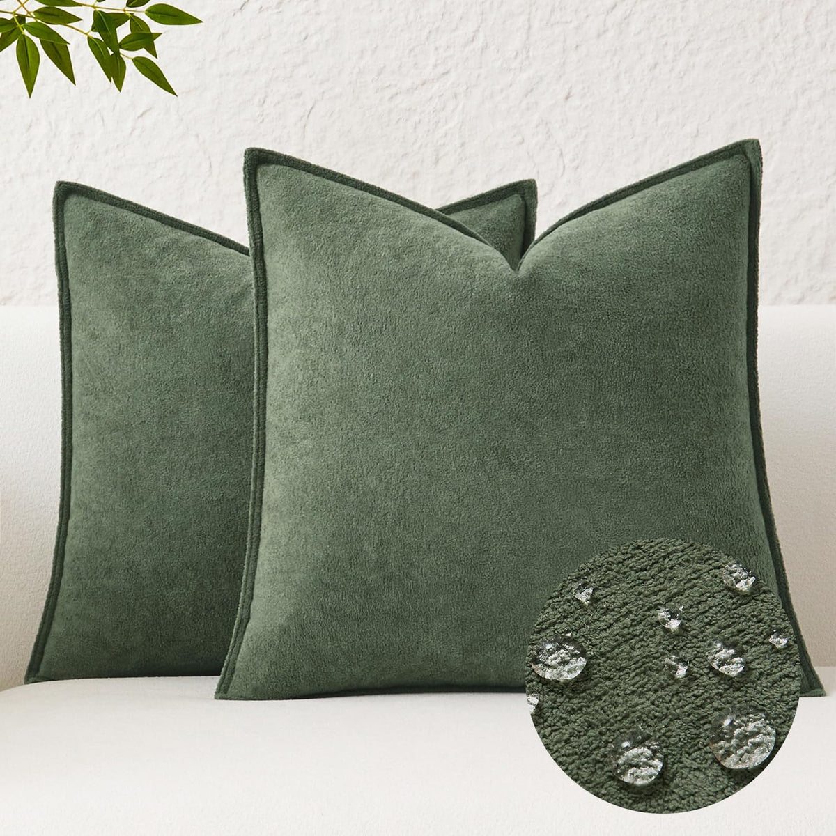 Kevin Textile Soft Waterproof Pillow Covers 20x20 Inch 2 Pack, Moss Green