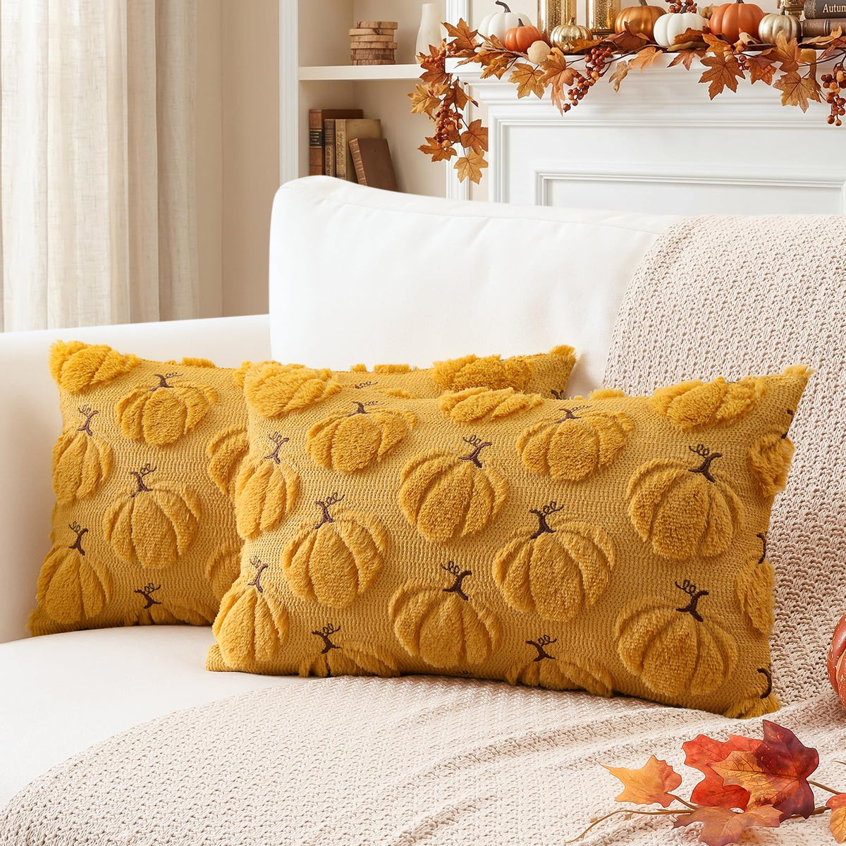 Artscope Fall Pumpkin Throw Pillow Covers 18x18 Set of 2, Autumn Soft Plush Faux Fur Decoration Cushion Covers for Thanksgiving Holiday Couch Sofa Bedroom Home Decor-Beige