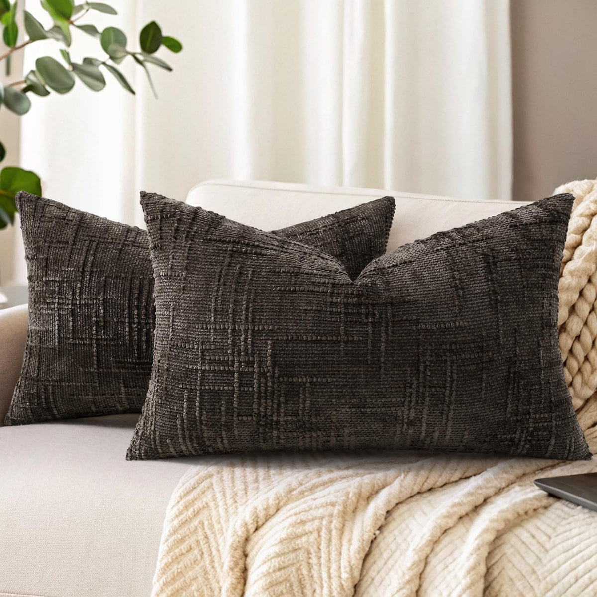 decorUhome Textured Chenille Throw Pillow Covers 18x18 Set of 2 Ivory
