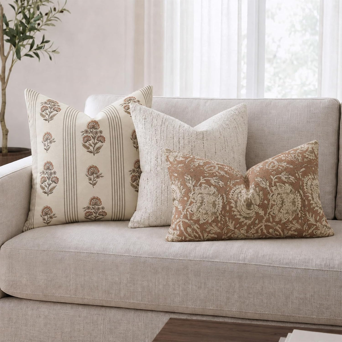 Vintage Throw Pillow Covers 20x20 Set of 2, Striped Floral Fall Pillow Cover Botanical Patterned Decorative Cushion Covers Modern Farmhouse Fall Decor for Sofa Couch Bed Living Room