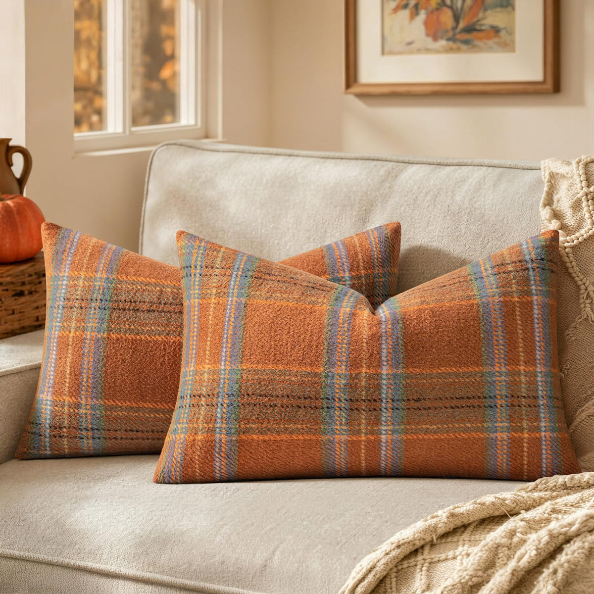 MIULEE Fall Plaid Decorative Pillow Covers Set of 2 18x18 Rust