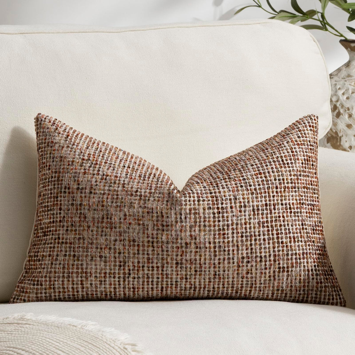 Pack of 2 Neutral Throw Pillow Covers 18x18 Boho Textured Dots Stripe Chenille Square Decorative Pillow Cases Accents for Living Room Couch Bed Farmhouse Home Decor, Taupe