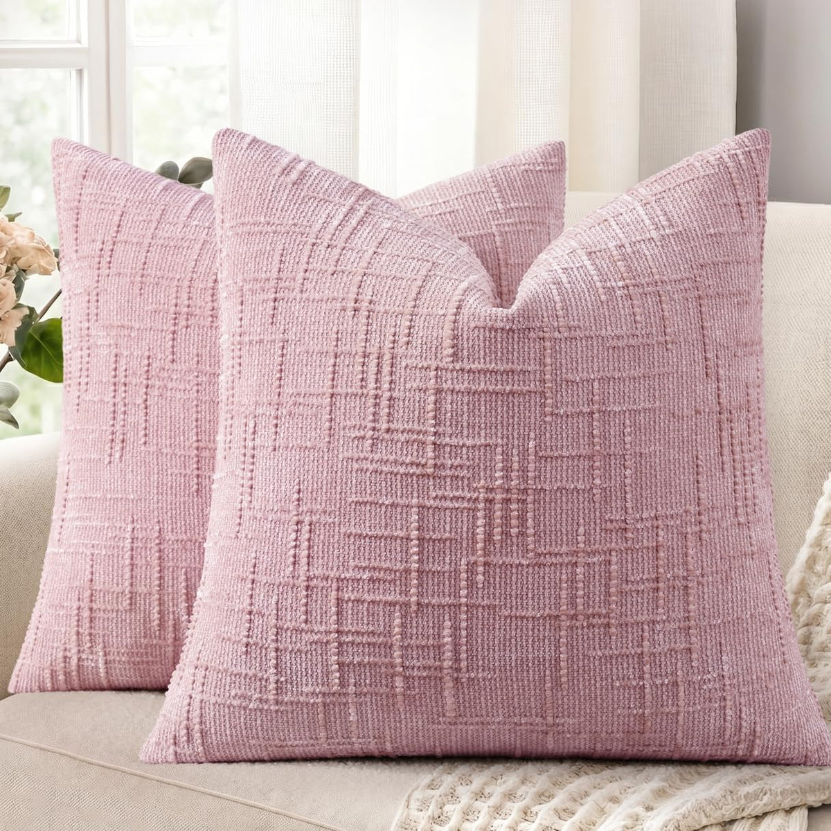 decorUhome Textured Chenille Throw Pillow Covers 18x18 Set of 2 Ivory