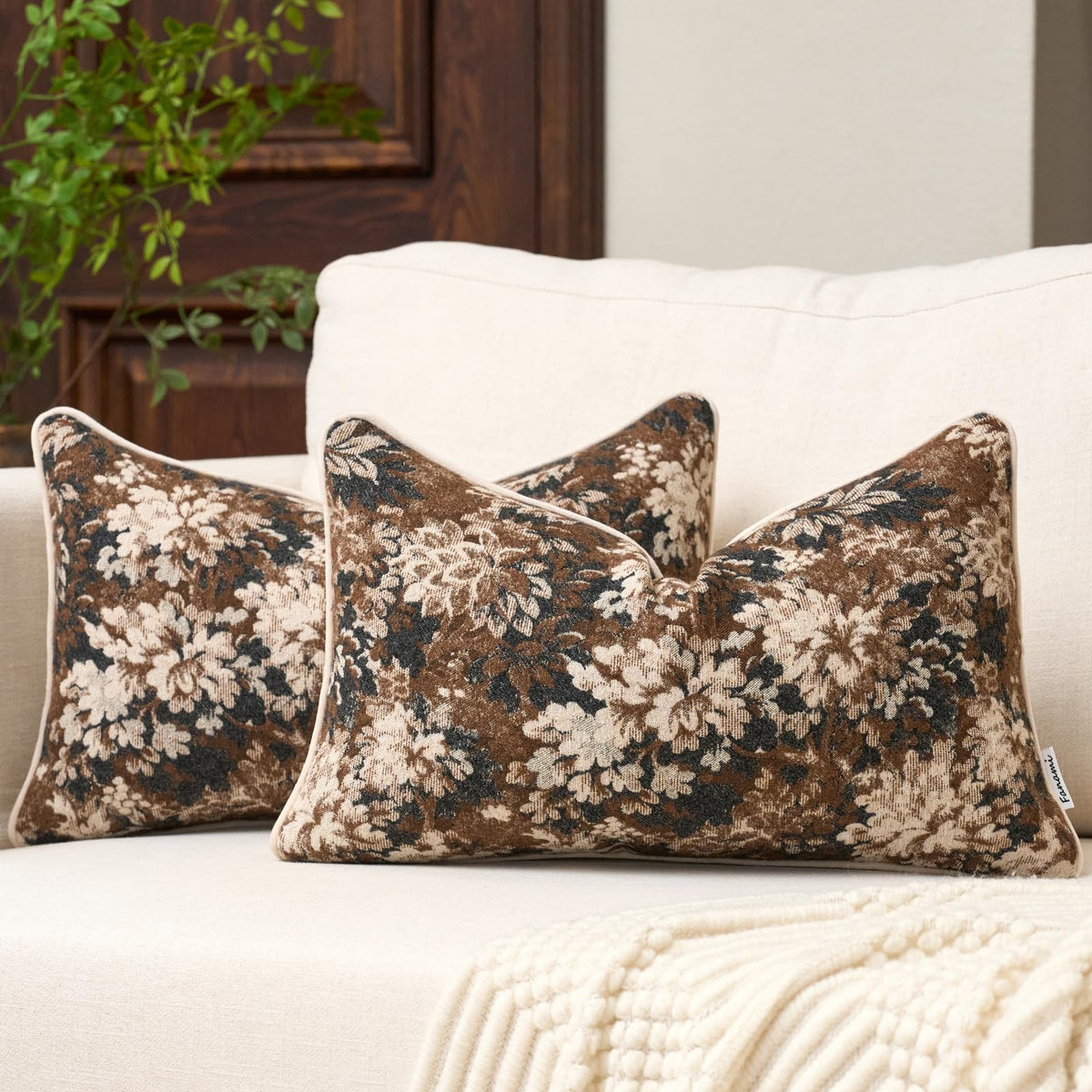 FANAMI Vintage Floral Lumbar Throw Pillow Covers 12x20 Set of 2 Boho Farmhouse Accent Pillowcase Neutral Modern Chenille Rectangle Decorative Cushion Covers for Couch Bed Living Room Home Decor, Rust