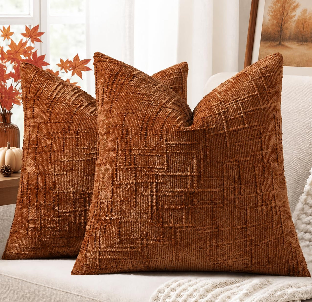 decorUhome Textured Chenille Throw Pillow Covers 18x18 Set of 2 Ivory