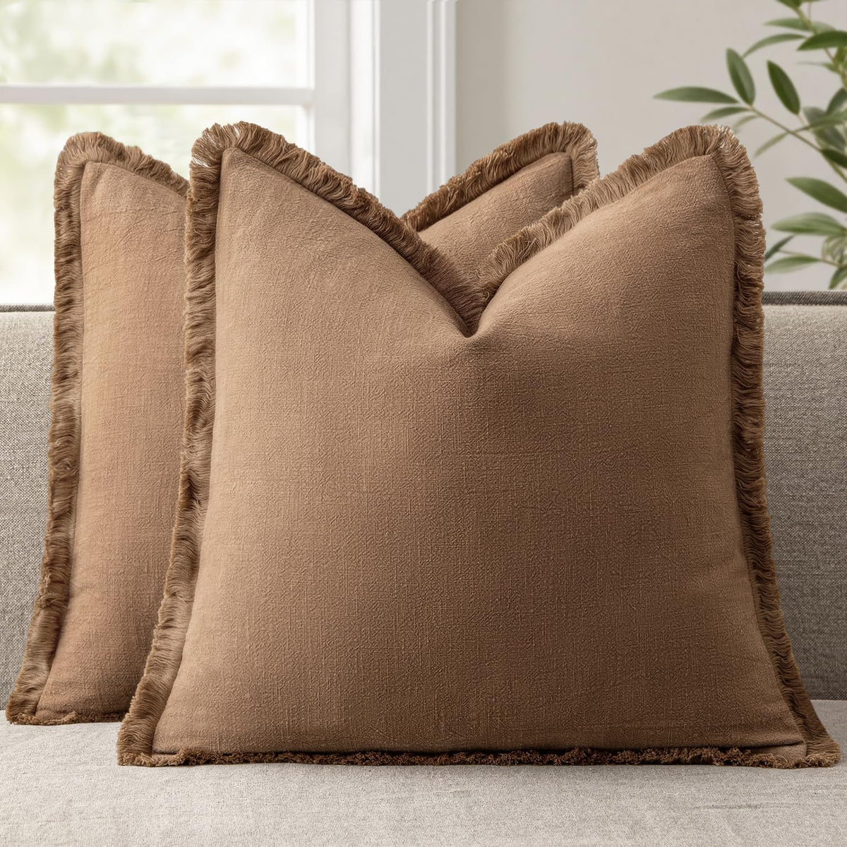 ANRODUO Decorative Linen Fringe Pillow Covers 18×18 Inch Sage Green 2 Pack