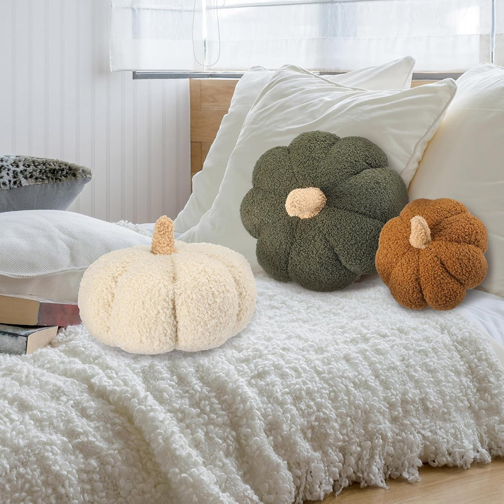 Briwooody 3 Pcs Fall Halloween Pumpkin Throw Pillow, 3D, Sherpa, 3 Color