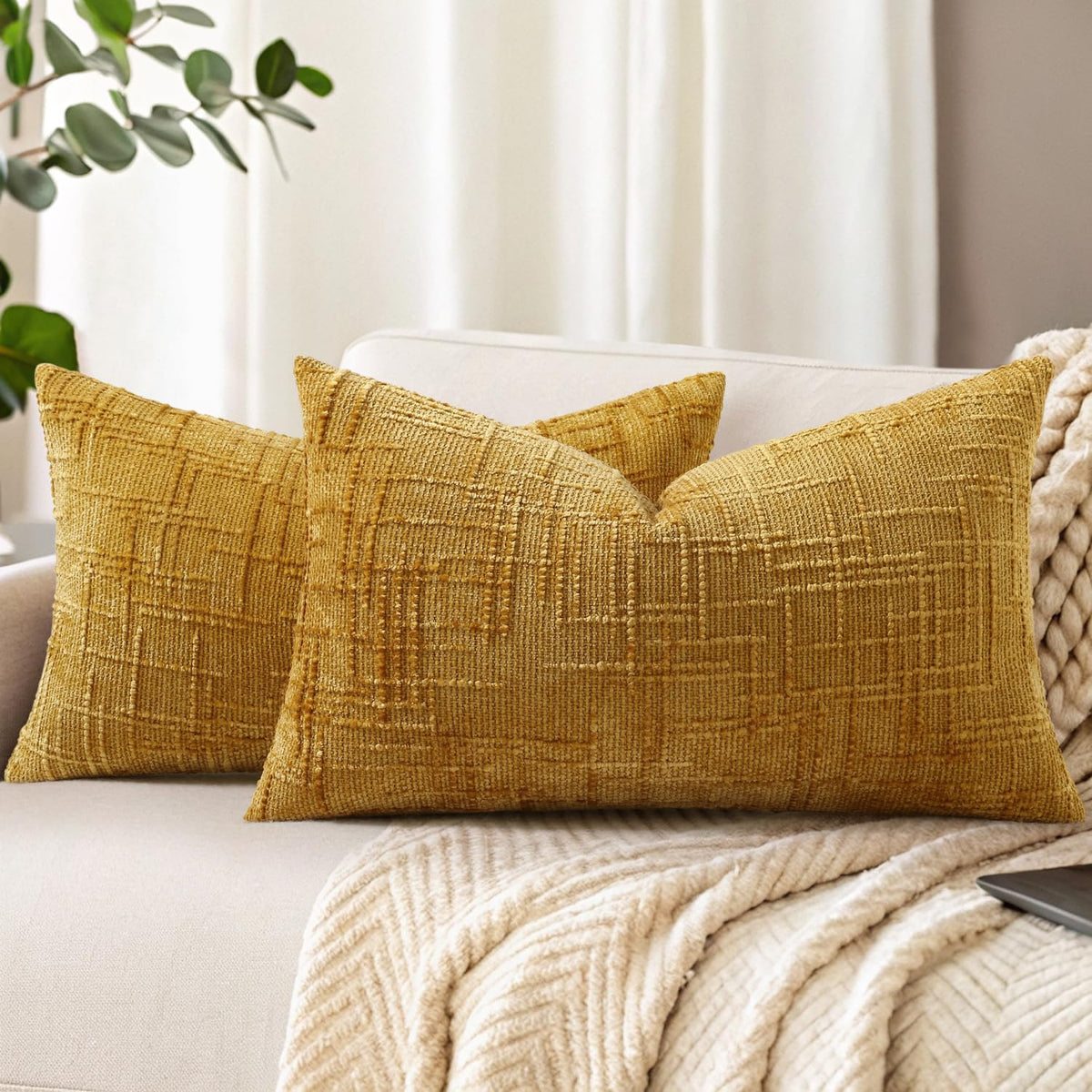 decorUhome Textured Chenille Throw Pillow Covers 18x18 Set of 2 Ivory