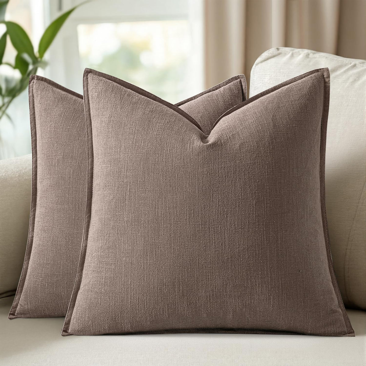 Set of 2 Linen Solid Throw Pillow Covers 20x20 Inch Dark Olive Green