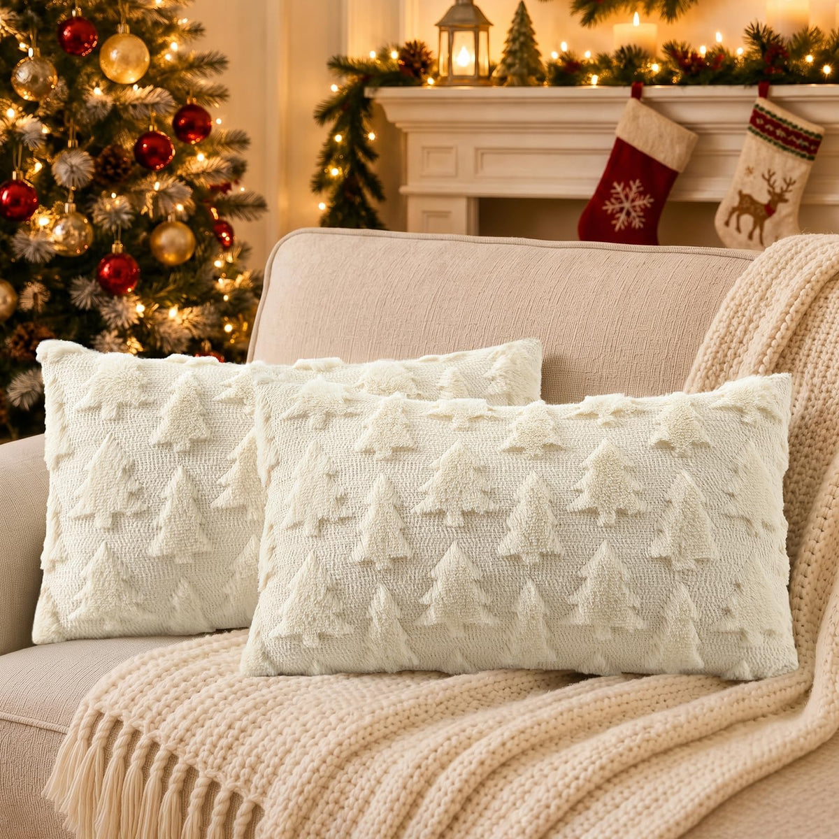 decorUhome Beige Bow Cute Girl Faux Fur Throw Pillow Covers 18x18 Set of 2