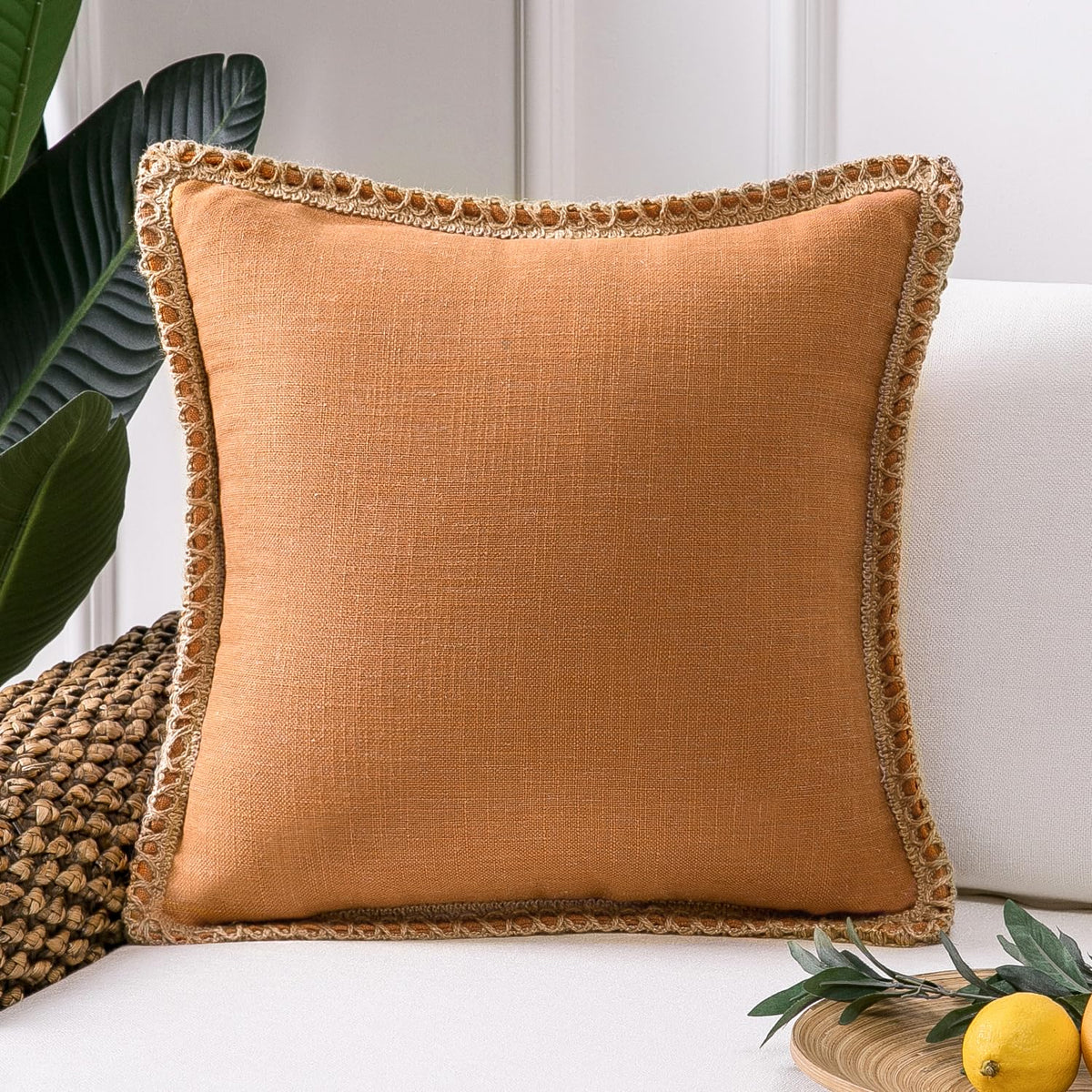 Phantoscope Pack of 2 Coastal Aqua Pillow Covers 18x18, Textured Polyester with Rope Trim, Fade Resistant Vintage Turquoise Blue Decorative Cushion Cases, Hidden Zipper, Farmhouse Boho Beach Decor