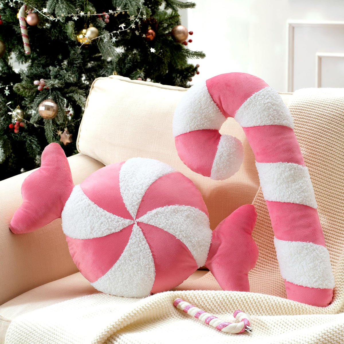 Ashler Merry Christmas Bell-Shaped Pillow, 8.5x8.5 Inch Velvet Hangable Decorative Holiday Pillow for Xmas Tree, Couch, Living Room, Bed, Pink
