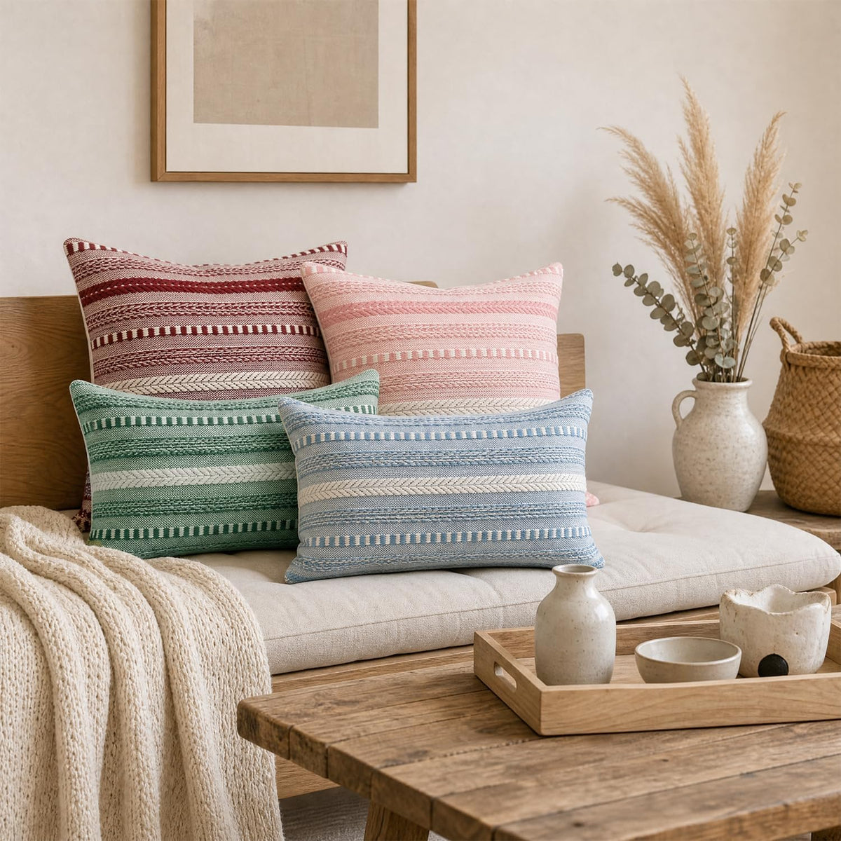 AVOIN colorlife Black Boho Decorative Throw Pillow Covers Set of 2, 18 x 18 Inch Woven Stripe Textured Rustic Cushion Case Home Decor for Living Room Couch Sofa
