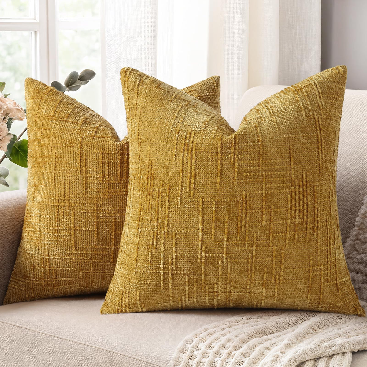 decorUhome Textured Chenille Throw Pillow Covers 18x18 Set of 2 Ivory