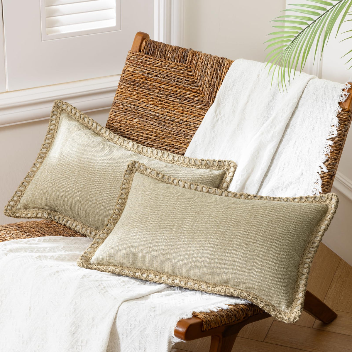 Phantoscope Pack of 2 Coastal Aqua Pillow Covers 18x18, Textured Polyester with Rope Trim, Fade Resistant Vintage Turquoise Blue Decorative Cushion Cases, Hidden Zipper, Farmhouse Boho Beach Decor
