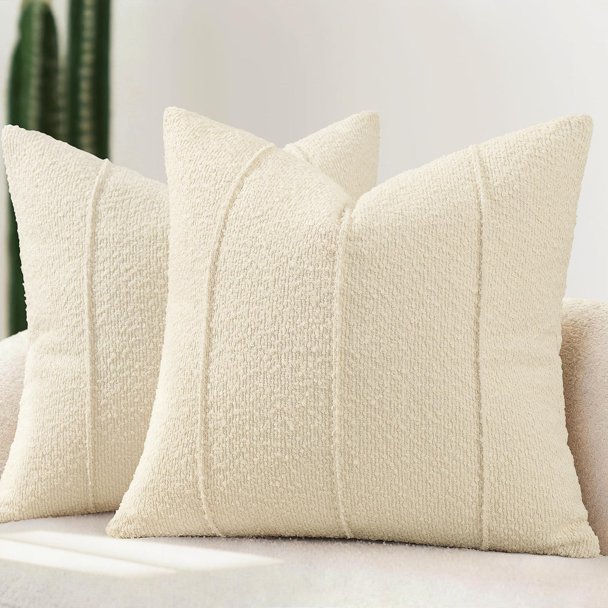 YCOLL Textured Boucle Throw Pillow Covers 20x20 Pack of 2 - Soft Neutral Striped Cushion Covers, Cozy Accent Decorative Pillow Covers for Couch, Sofa, Bed, Living Room (Ivory)