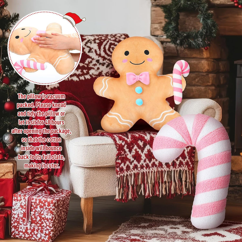 Yalikop 2 Pcs Christmas Gingerbread Cane Plush Pillows, Pastel