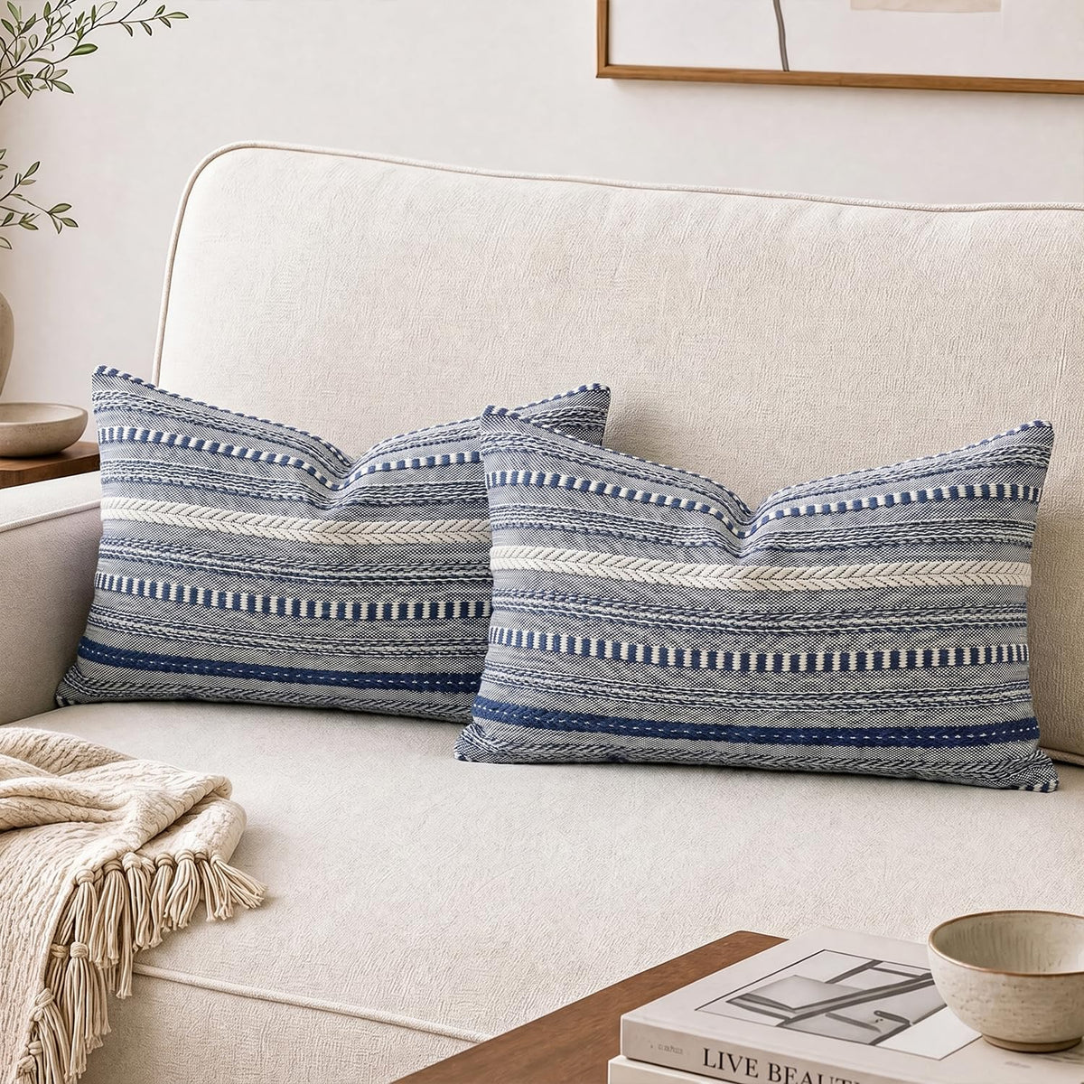 AVOIN colorlife Black Boho Decorative Throw Pillow Covers Set of 2, 18 x 18 Inch Woven Stripe Textured Rustic Cushion Case Home Decor for Living Room Couch Sofa