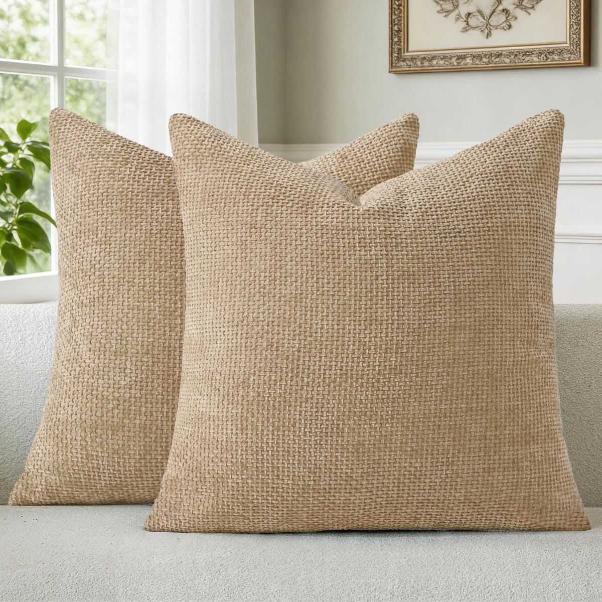a moment Grey-Beige Chenille Throw Pillow Covers 16x16 Inch Pack of 2 Modern Decorative Throw Pillow Cases Farmhouse Cross Throw Pillowcases Home Decor for Sofa Bedroom Living Room