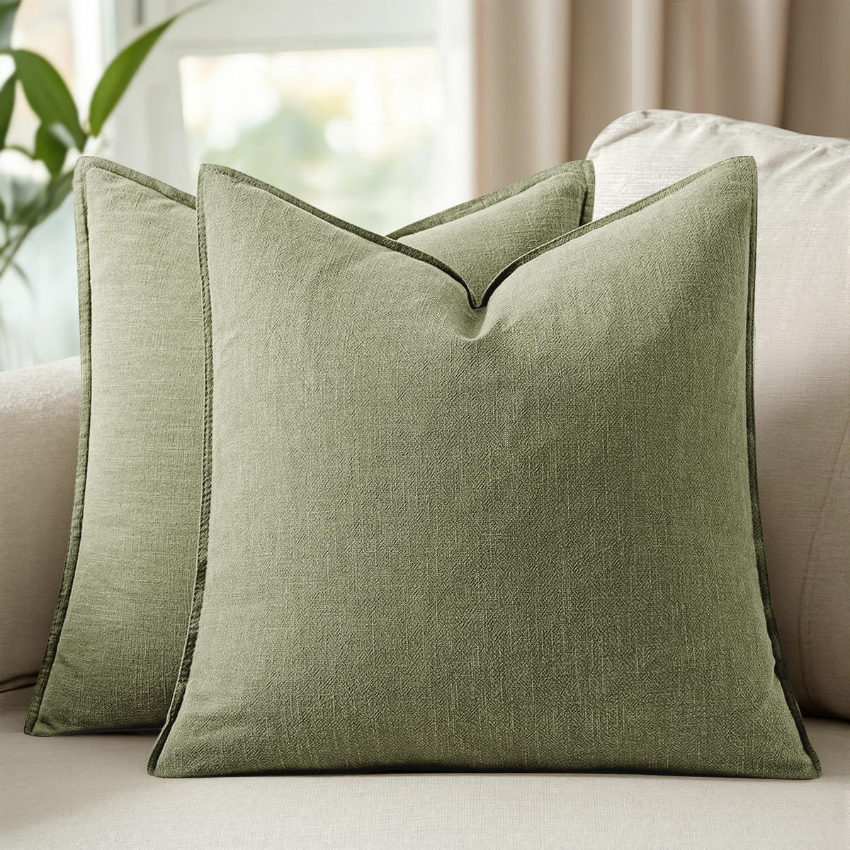 Set of 2 Linen Solid Throw Pillow Covers 20x20 Inch Dark Olive Green