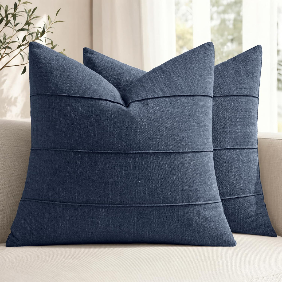 MIULEE Decorative Linen Throw Pillow Covers 18x18 Natural Beige Striped
