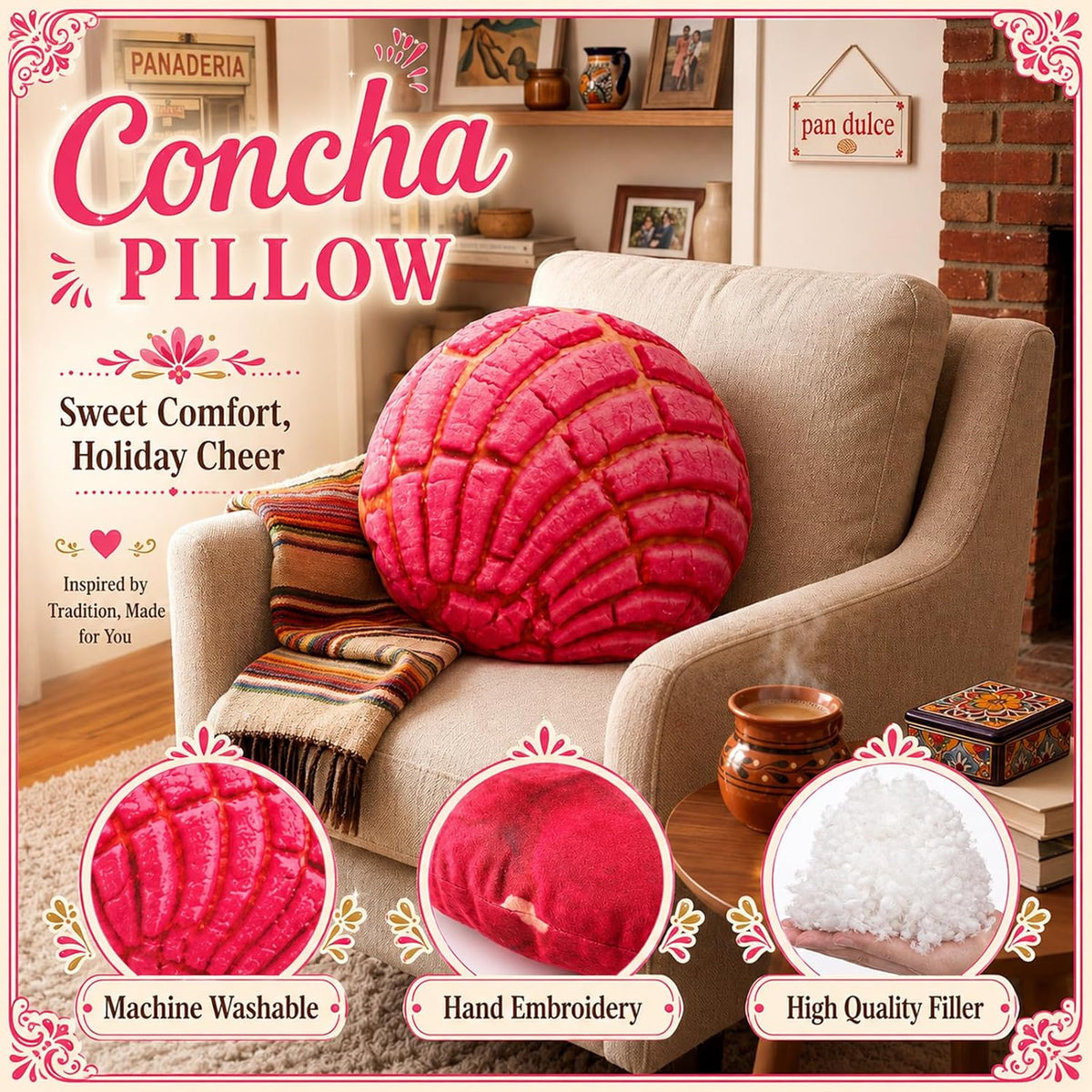 Yousoontic Pink Concha Throw Pillow 14 Inch Conchas Pan Dulce Decor 3D Round Mexican Bread Cushion Gift Funny Food Plush Stuffed Mexican Christmas Decorations for Sofa Bed Living Room Home
