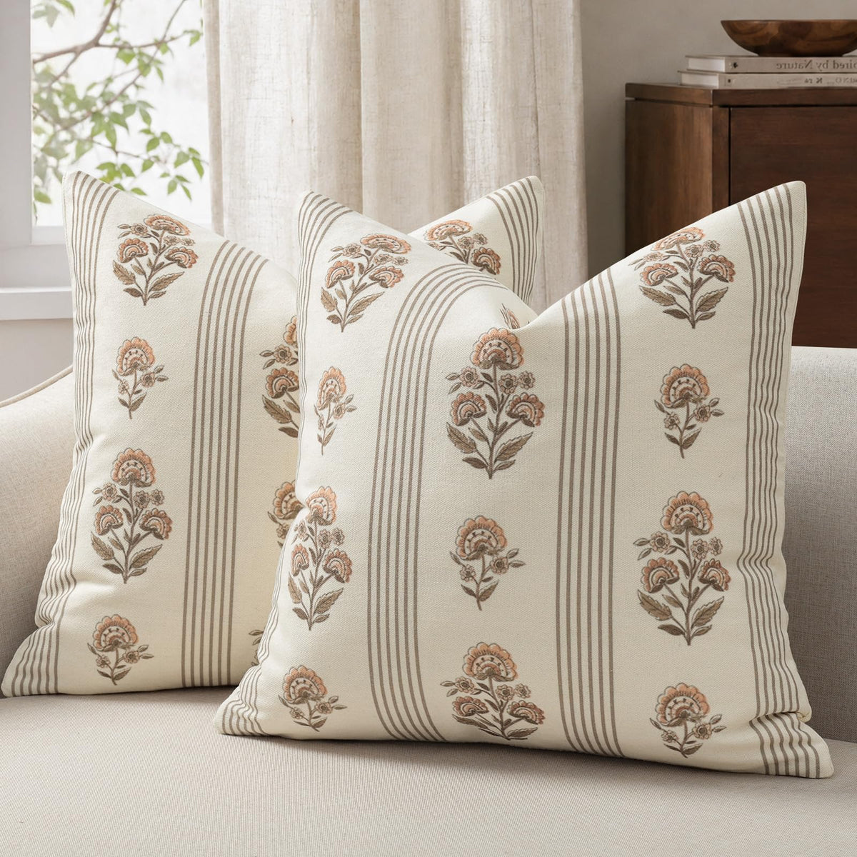Vintage Throw Pillow Covers 20x20 Set of 2, Striped Floral Fall Pillow Cover Botanical Patterned Decorative Cushion Covers Modern Farmhouse Fall Decor for Sofa Couch Bed Living Room