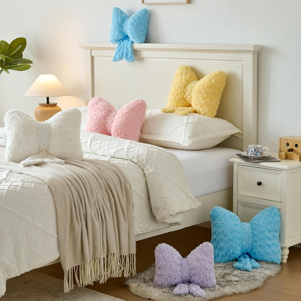 Bow Pillow, Decorative Throw Pillows Soft Plush (White, Small-12 Inches)