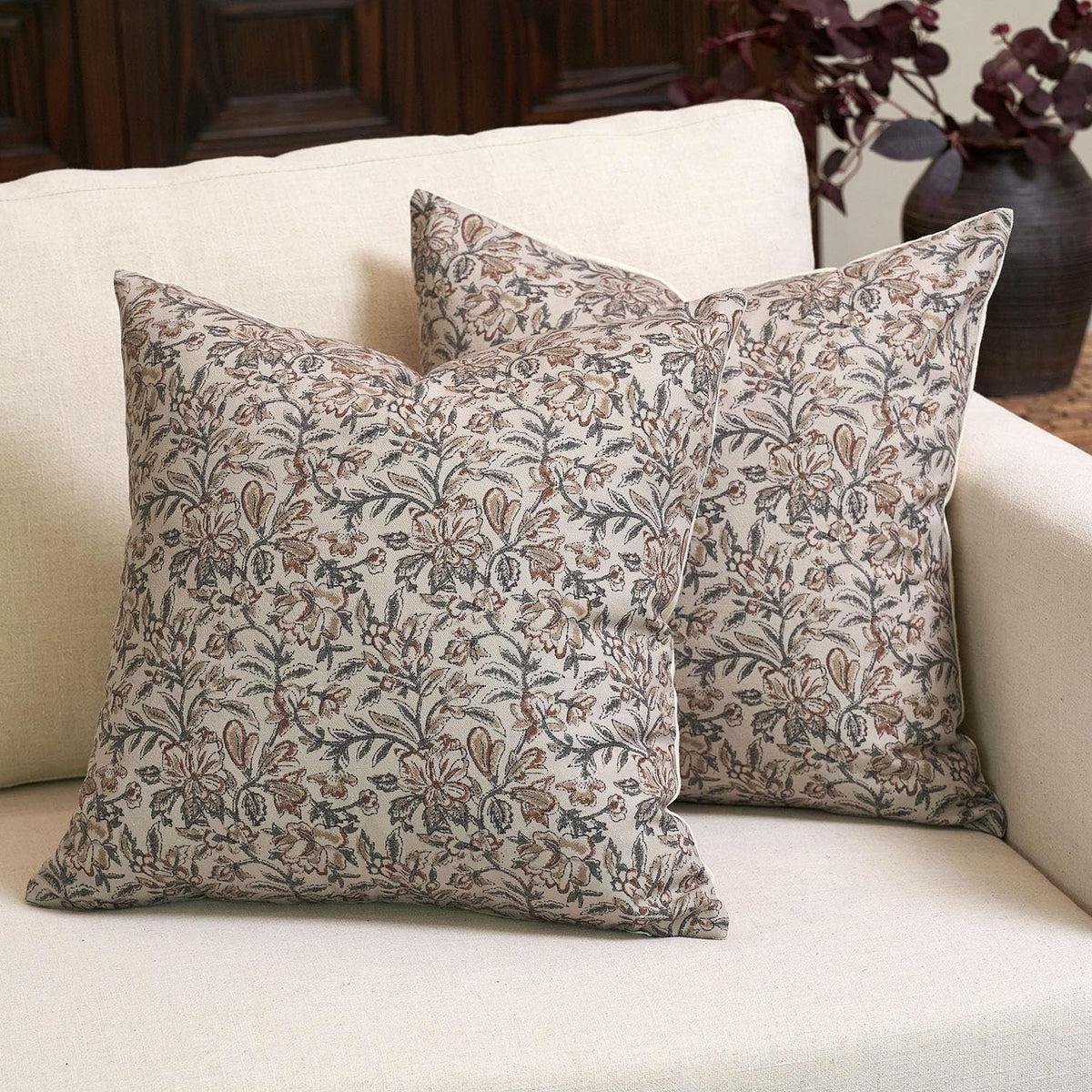 Amor Virisso Floral Throw Pillow Covers 18x18 Set of 2 Vintage Block Print Pillow Covers Decorative Pillow Covers Couch Pillows for Living Room Farmhouse Accent Sofa Pillows, Red/Sand