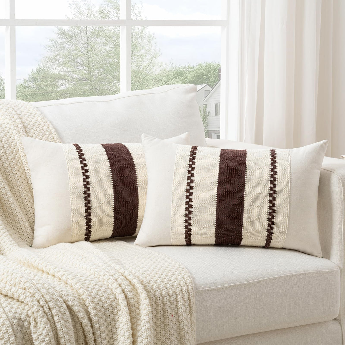 Fancy Homi Set of 2 Boho Olive Green Decorative Throw Pillow Cover 18x18 Inch for Couch Bed Sofa, Aesthetic Modern Organic Farmhouse Home Decor, Soft Cotton Cute Accent Macrame Woven Cushion Case