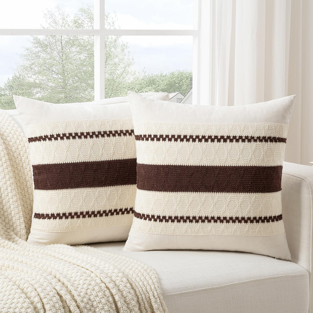 Fancy Homi Set of 2 Boho Olive Green Decorative Throw Pillow Cover 18x18 Inch for Couch Bed Sofa, Aesthetic Modern Organic Farmhouse Home Decor, Soft Cotton Cute Accent Macrame Woven Cushion Case