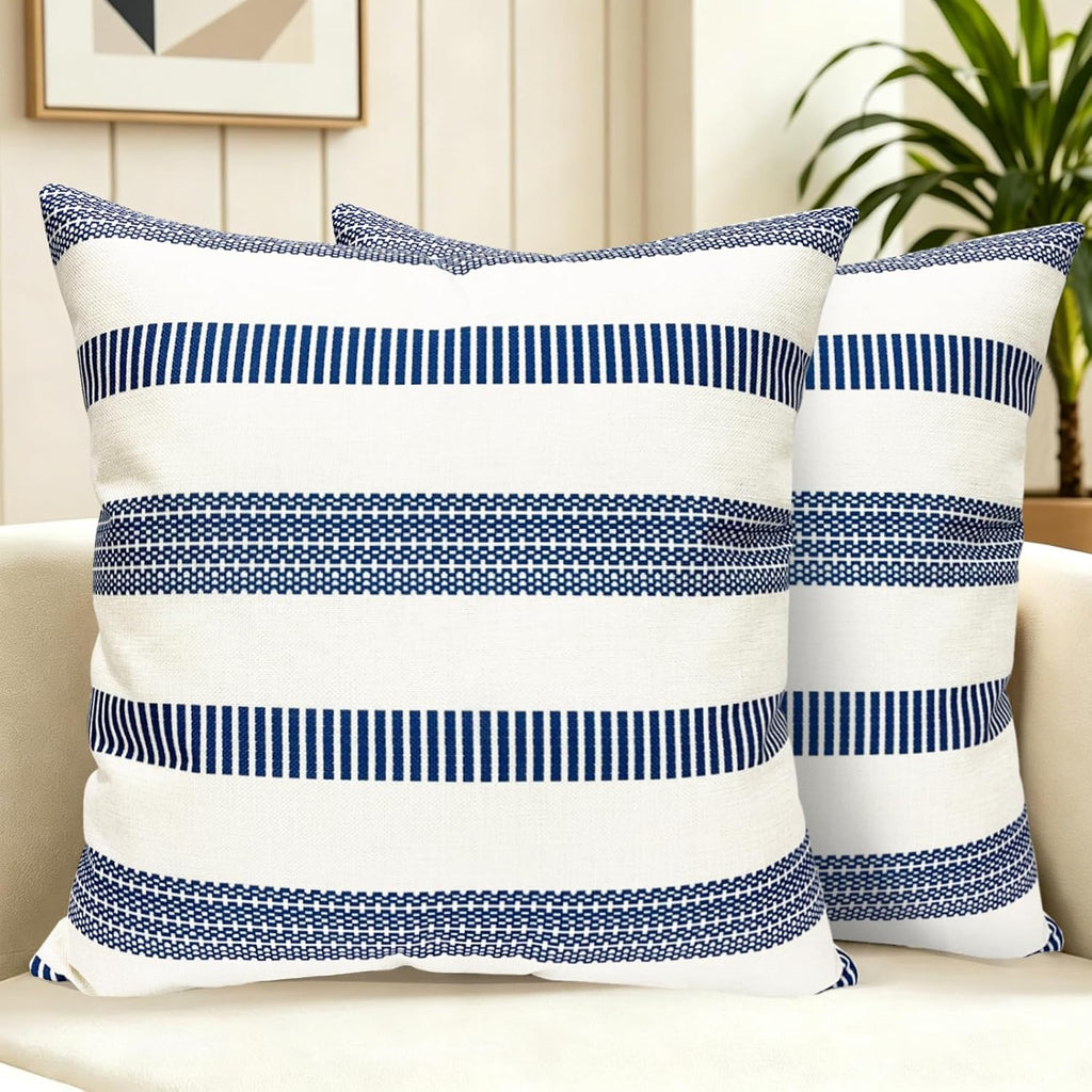 Farmhouse Boho Striped Throw Pillow Covers 18x18 inch Set of 2 Navy Blue