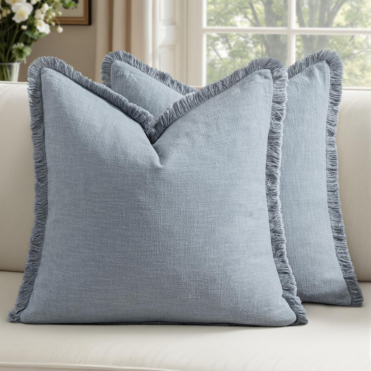 Linen Fringe Throw Pillow Covers 20x20 Inch Set of 2,Navy Blue