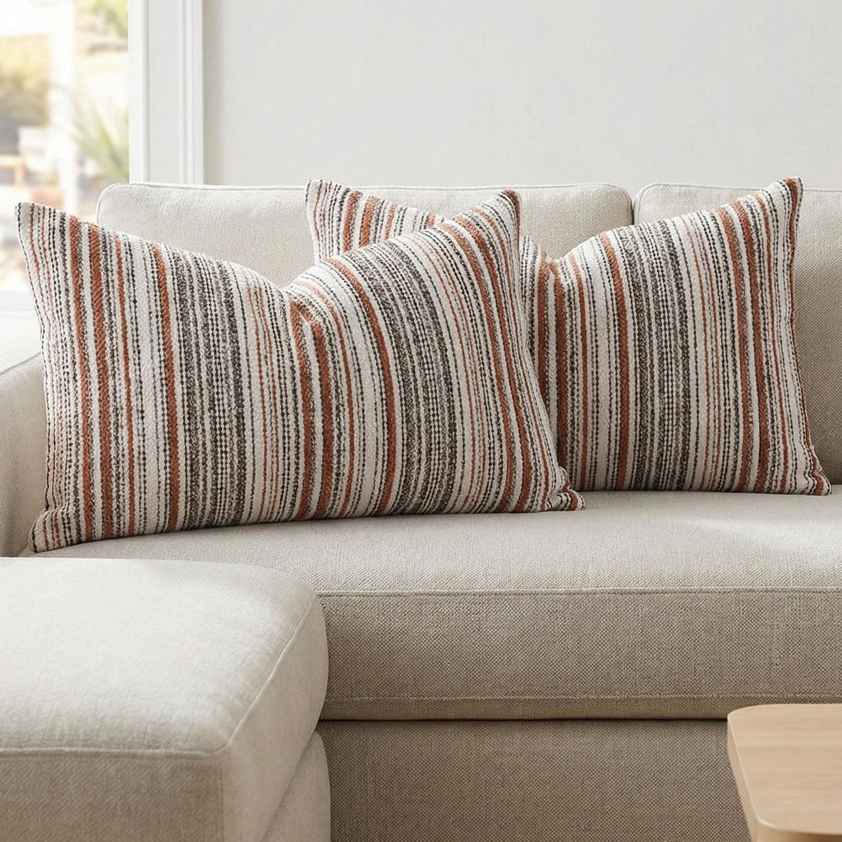 Set of 2 Striped Chenille Throw Pillow Covers 18x18 Inches Premium Plush Textured Decorative Cushion Covers Reinforced Hidden Zipper Mid-Century Modern Farmhouse Decor for Couch Sofa Beige