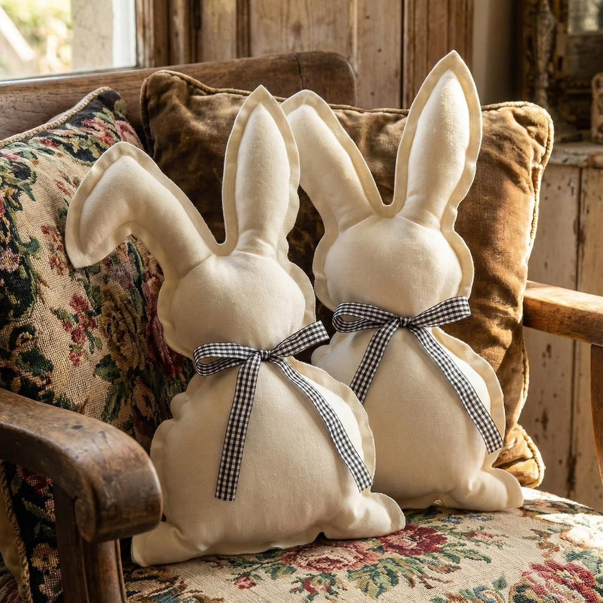 Gilprop 2 Pcs Easter Bunny Throw Pillows Cute Rabbit Shaped Cotton-Linen Decorative Pillows with Plaid Bow Tie Farmhouse Easter Home Decor for Bedroom Sofa Couch Birthday Gift Ideas (16.9x9.8 Inches)