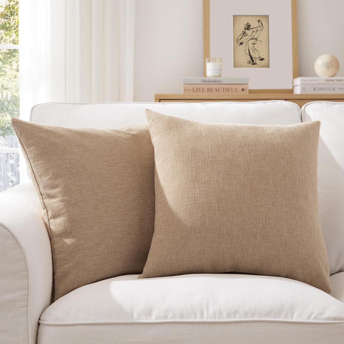 Meekio Linen Blend Throw Pillow Covers 20x20 Set of 2, Ivory