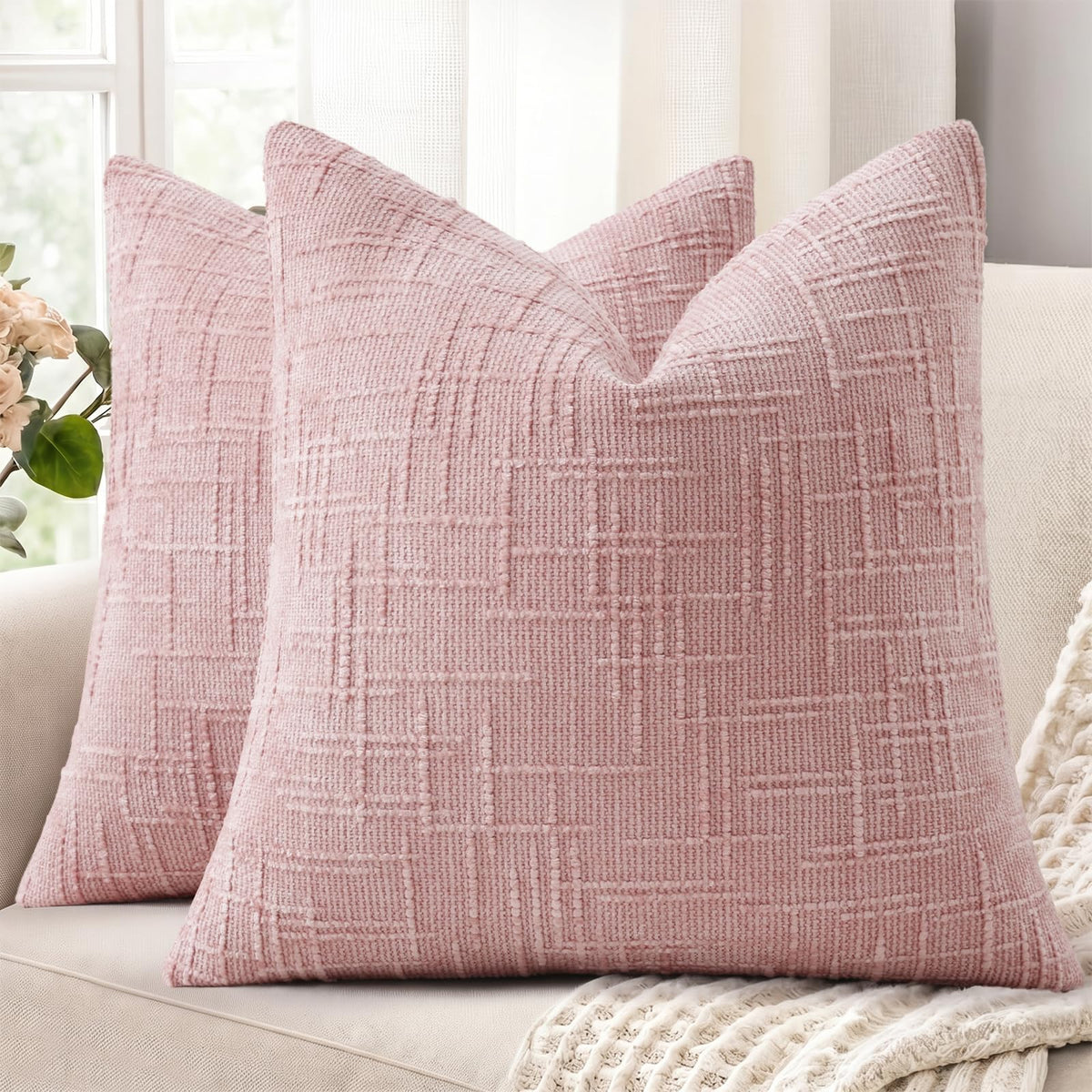 decorUhome Textured Chenille Throw Pillow Covers 18x18 Set of 2 Ivory