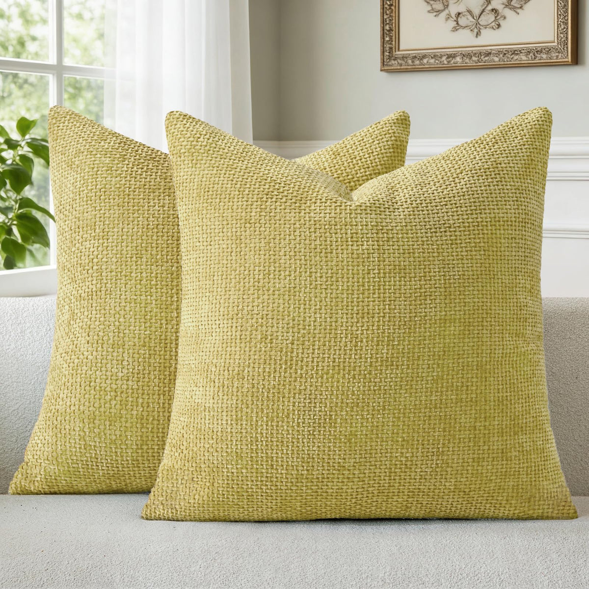 a moment Light Green Chenille Throw Pillow Covers 20x20 Inch Pack of 2 Modern Decorative Throw Pillow Covers Farmhouse Cross Covers Home Decor for Sofa Bedroom Living Room Spring