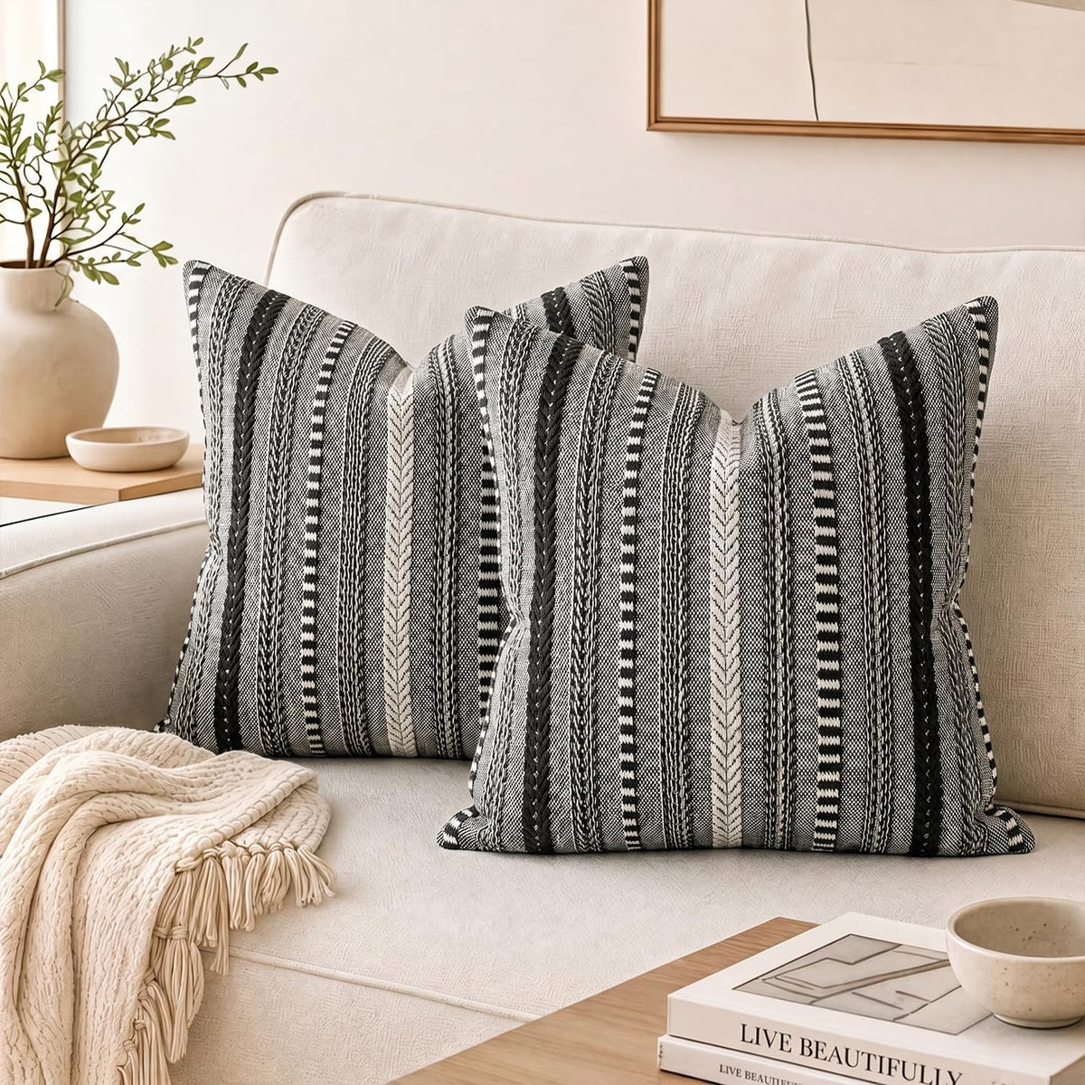 AVOIN colorlife Black Boho Decorative Throw Pillow Covers Set of 2, 18 x 18 Inch Woven Stripe Textured Rustic Cushion Case Home Decor for Living Room Couch Sofa