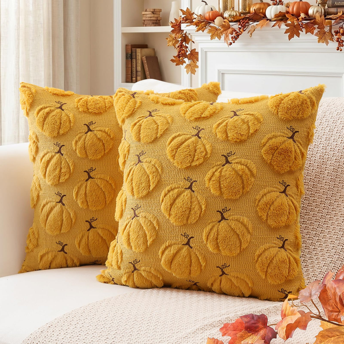 Artscope Fall Pumpkin Throw Pillow Covers 18x18 Set of 2, Autumn Soft Plush Faux Fur Decoration Cushion Covers for Thanksgiving Holiday Couch Sofa Bedroom Home Decor-Beige
