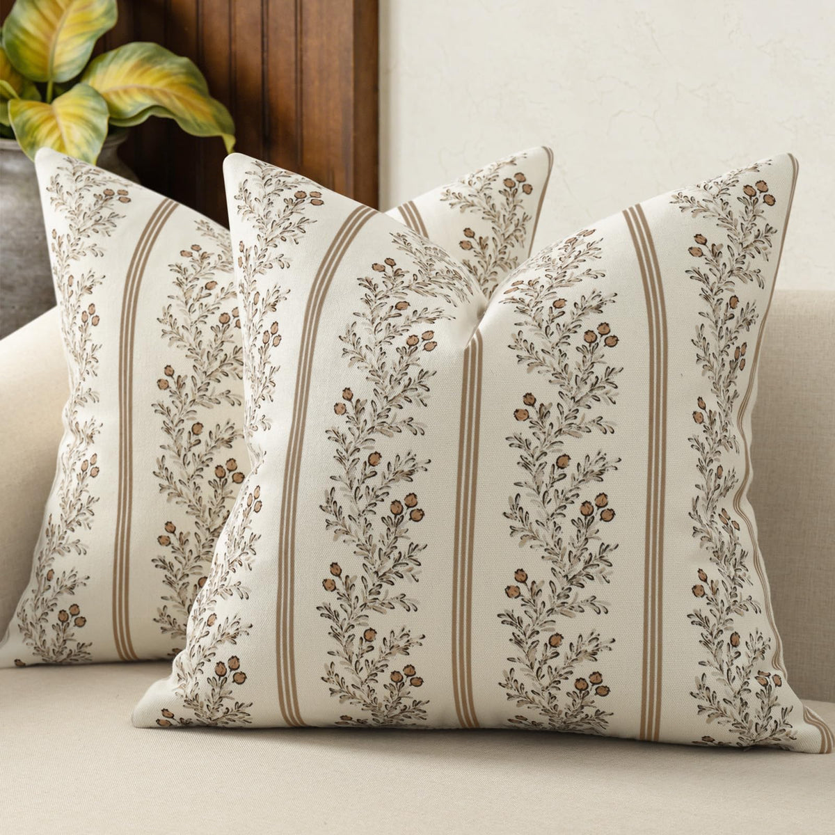Vintage Throw Pillow Covers 20x20 Set of 2, Striped Floral Pillow Cover Botanical Patterned Decorative Cushion Covers Modern Farmhouse Home Decor for Sofa Couch Bed Living Room, Light Blue