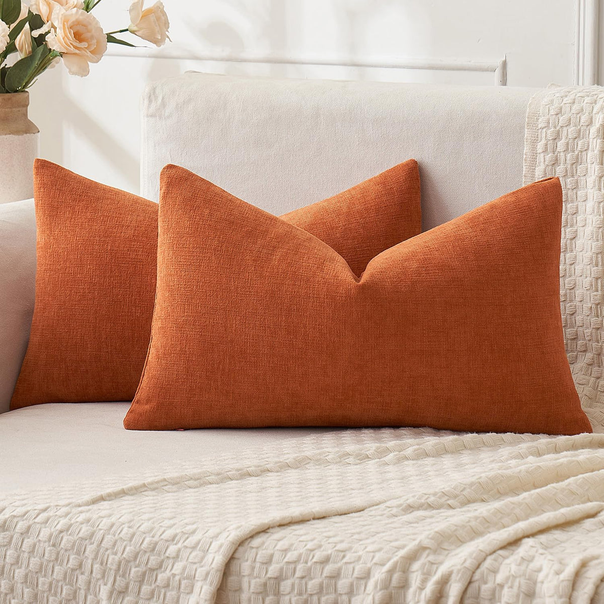 MIULEE Blush Pink Chenille Couch Throw Pillow Covers, 18x18