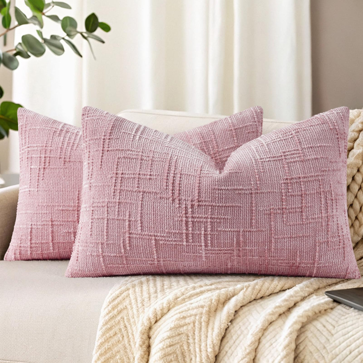 decorUhome Textured Chenille Throw Pillow Covers 18x18 Set of 2 Ivory