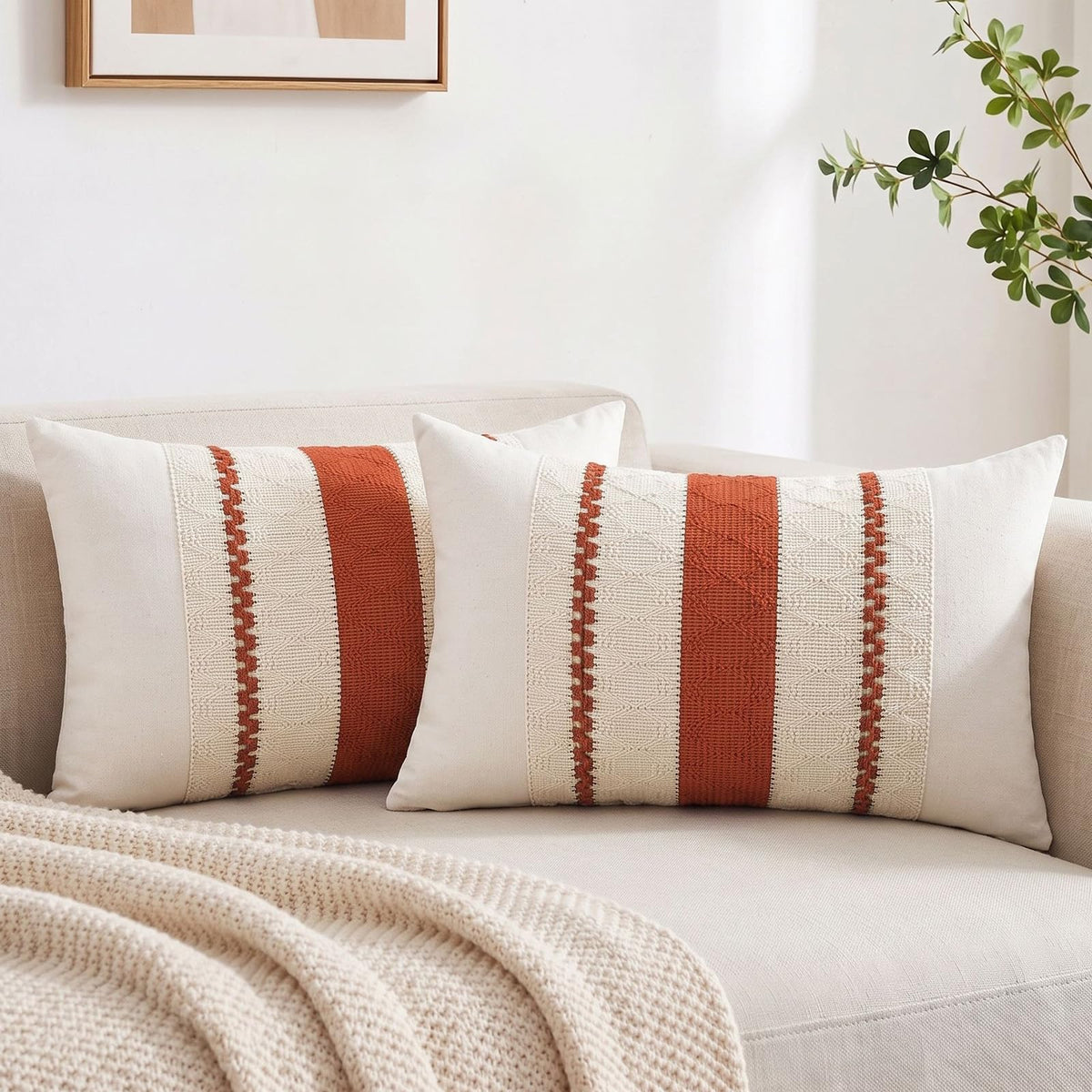 Fancy Homi Set of 2 Boho Olive Green Decorative Throw Pillow Cover 18x18 Inch for Couch Bed Sofa, Aesthetic Modern Organic Farmhouse Home Decor, Soft Cotton Cute Accent Macrame Woven Cushion Case