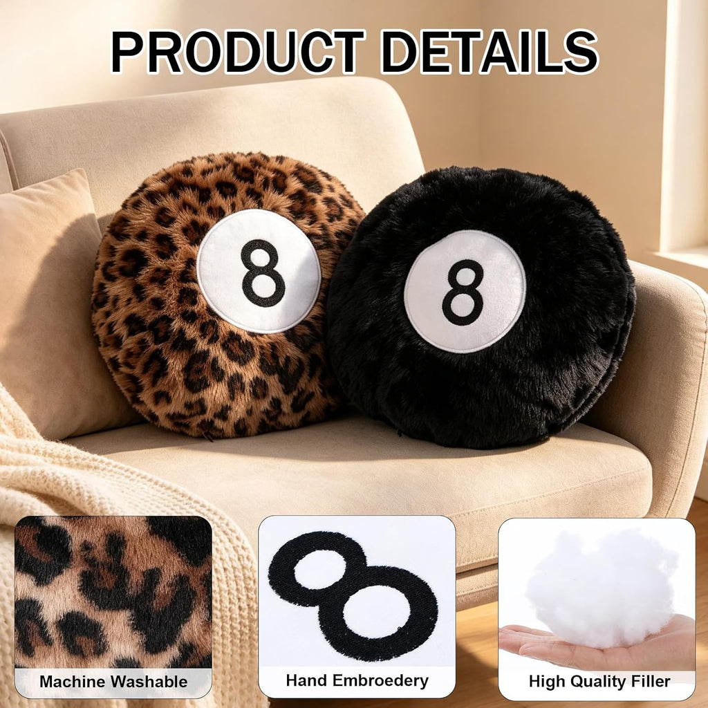 2 Packs Black and Cheetah 8 Ball Throw Pillow, Round Plush Throw Pillows, Soft Plush Surface, Round Billiard Ball Shape, Black & Leopard Print, for Dorm, Gaming Room Home Decor and Daily Back Support