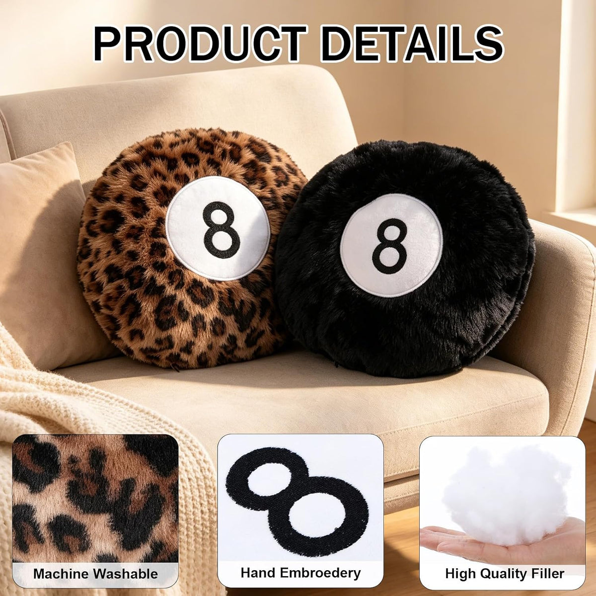 2 Packs Black and Cheetah 8 Ball Throw Pillow, Round Plush Throw Pillows, Soft Plush Surface, Round Billiard Ball Shape, Black & Leopard Print, for Dorm, Gaming Room Home Decor and Daily Back Support