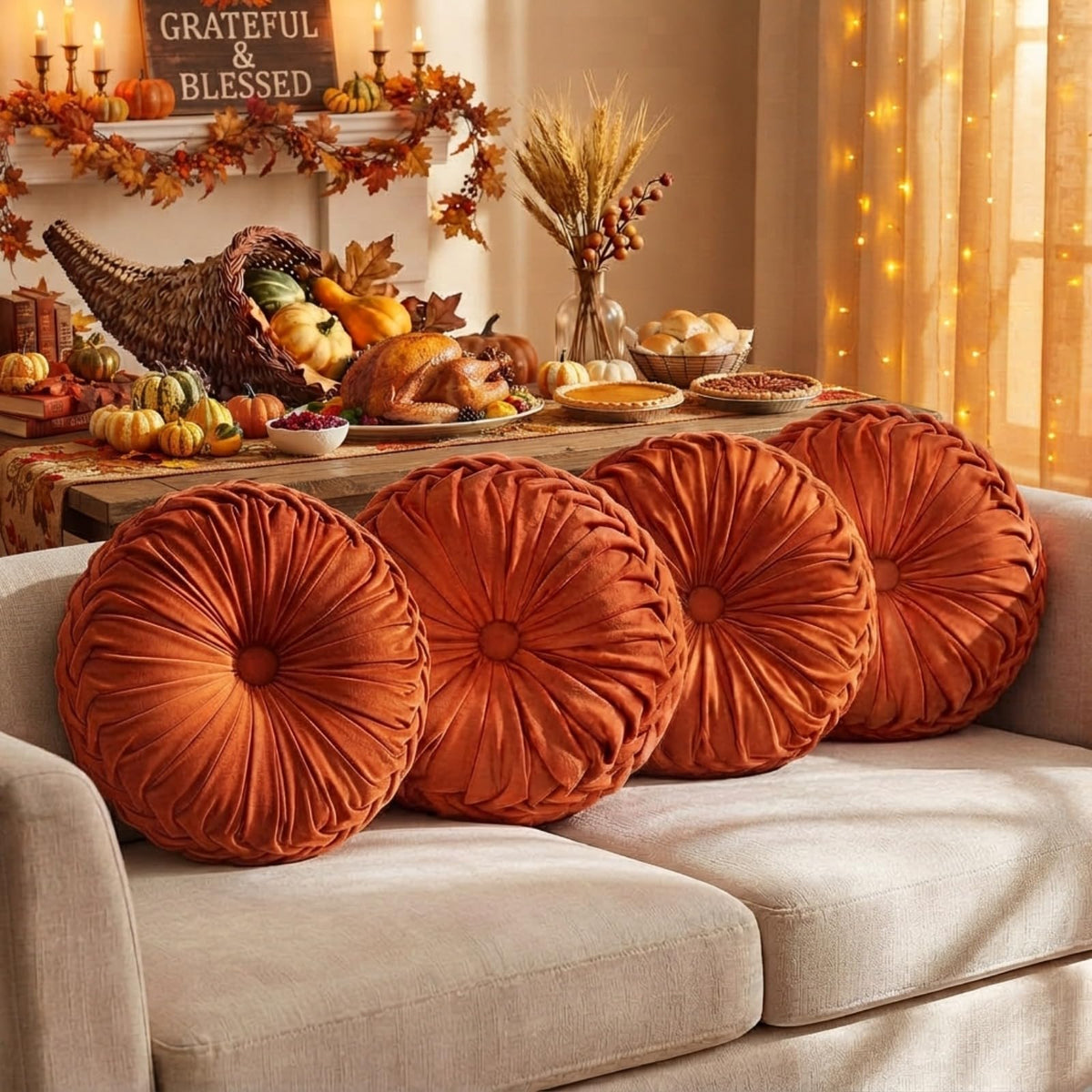 Kathfly 4 Pcs Round Throw Pillows Velvet Pleated Pillows, Vintage Colors