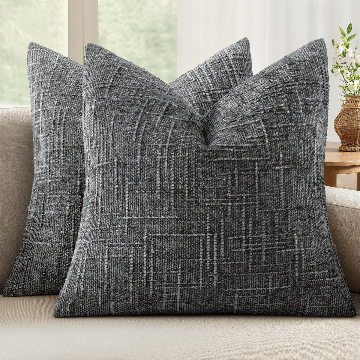 MIULEE Chenille Textured Throw Pillow Covers Cream White 18x18 Set of 2