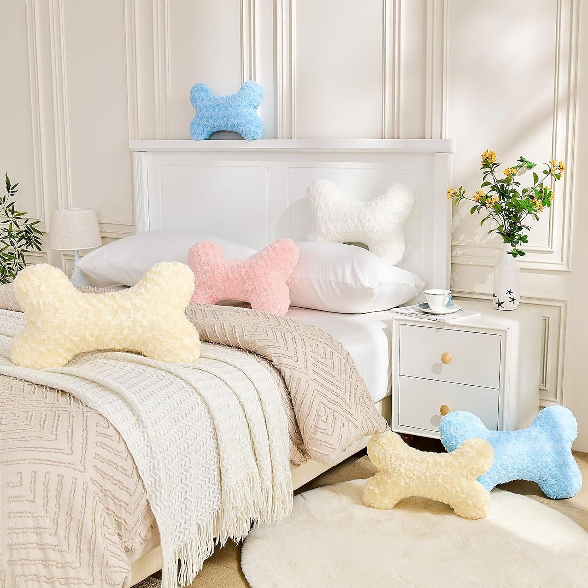 Bone Pillow Cute Bone Shaped Decorative Throw Pillows Aesthetic Home Decor Pillow Pet Pillow Plush Cushion for Bed (Cream, 15 Inch)